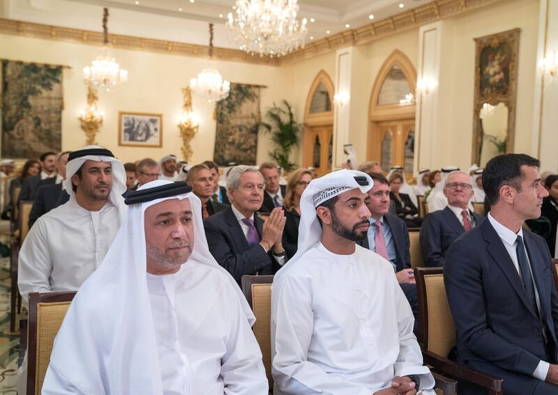 ABU DHABI, UNITED ARAB EMIRATES - October 23, 2017: HE Sultan bin Saeed Al Badi, UAE Minister of Justice (L) and HH Sheikh Mohamed bin Nahyan bin Mubarak Al Nahyan (2nd L) attend an MOU signing ceremony, during a Sea Palace barza. 

( Mohamed Al Hammadi / Crown Prince Court - Abu Dhabi )—