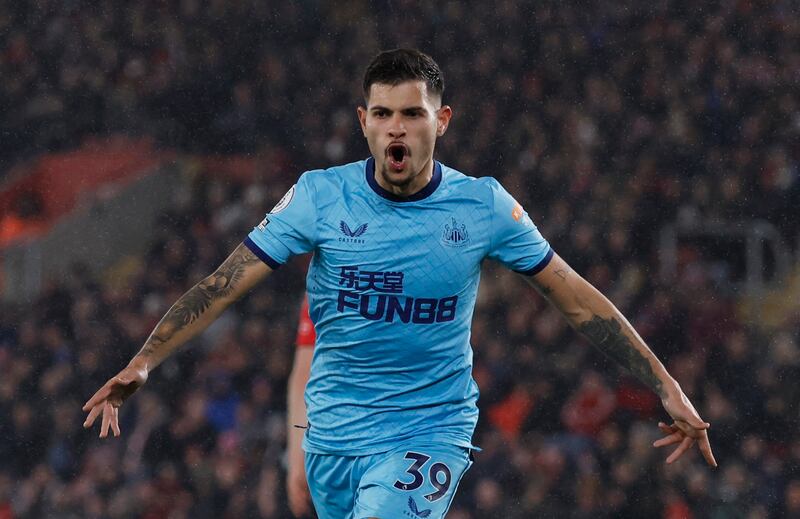 Soccer Football - Premier League - Southampton v Newcastle United - St Mary's Stadium, Southampton, Britain - March 10, 2022 Newcastle United's Bruno Guimaraes celebrates scoring their second goal Action Images via Reuters/Andrew Couldridge EDITORIAL USE ONLY.  No use with unauthorized audio, video, data, fixture lists, club/league logos or 'live' services.  Online in-match use limited to 75 images, no video emulation.  No use in betting, games or single club /league/player publications.   Please contact your account representative for further details. 