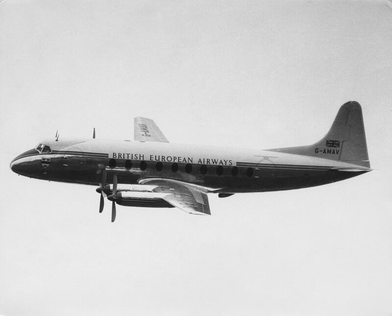 The Vickers-Armstrongs Vickers Viscount 700 prototype  medium-range commercial turboprop airliner for British European Airways (BEA) registration G-AMAV flying somewhere above the United Kingdom on18 April 1953.  (Photo by Central Press/Hulton Archive/Getty Images).