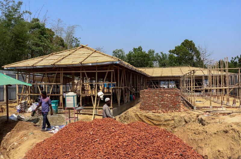 The construction of a Covid-19 isolation ward and treatment centre by the UNHCR at the Kutupalong refugee camp in Cox's Bazar, Bangladesh. AP