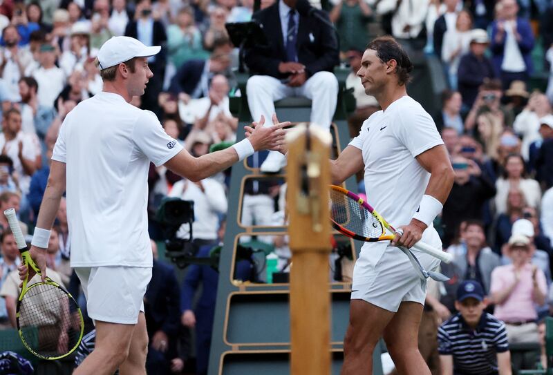 Spain's Rafael Nadal and Netherlands' Botic van de Zandschulp shake hands after their fourth round match. Reuters