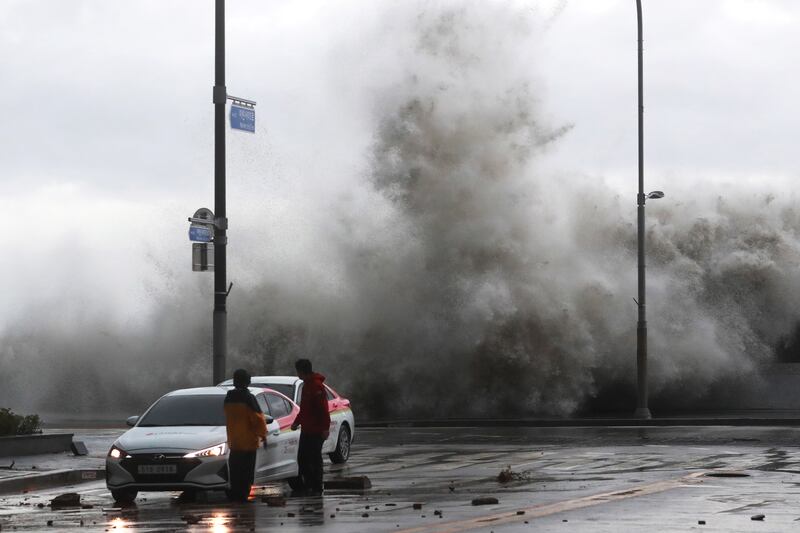 Waves pound the coast after Typhoon Hinnamnor made landfall in Busan, South Korea. EPA