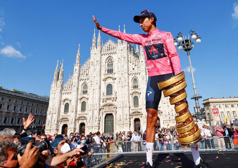 Colombia's Egan Bernal celebrates winning the Giro d'Italia cycling race following the final stage in Milan. AFP