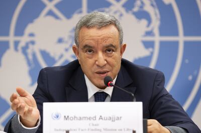 Mohamed Auajjar, Chairperson of the Independent Fact-Finding Mission on Libya, presents the first report of the Independent Fact-Finding Mission on Libya, during a press conference, at the European headquarters of the United Nations in Geneva, Switzerland, 04 October 2021. EPA 