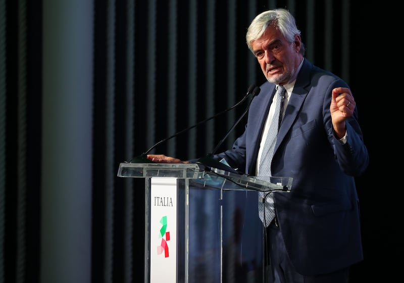 Paolo Glisenti, commissioner of the Italian pavilion, makes a point at a conference at the Italian pavilion, Expo 2020, Dubai