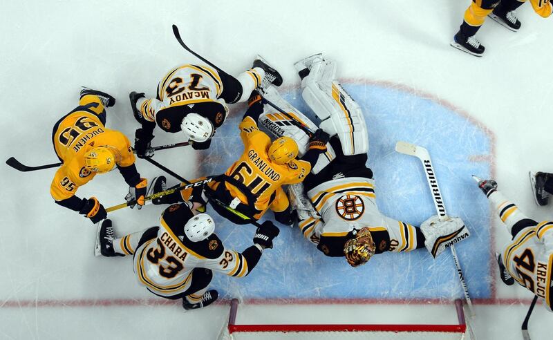 Boston Bruins goaltender Tuukka Rask makes a save during the second period of their NHL match against the Nashville Predators at Bridgestone Arena in Tennessee, on Tuesday, January 7. USA TODAY Sports