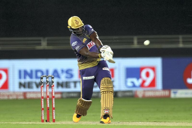 Andre Russell of Kolkata Knight Riders during match 12 of season 13 of the Dream 11 Indian Premier League (IPL) between the Rajasthan Royals and the Kolkata Knight Riders held at the Dubai International Cricket Stadium, Dubai in the United Arab Emirates on the 30th September 2020.  Photo by: Ron Gaunt  / Sportzpics for BCCI