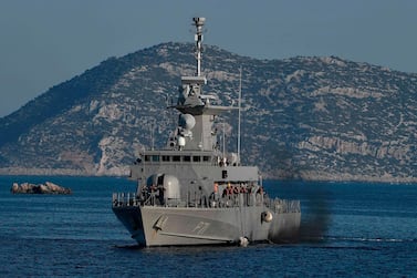 A Hellenic Navy vessel patrols the waters around the tiny Greek island of Kastellorizo, two kilometers from the Turkish mainland on August 28. AFP