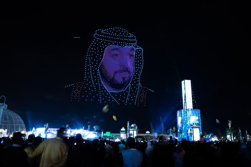 A drone display shows President Sheikh Khalifa at Sheikh Zayed Heritage Festival in Al Wathba, Abu Dhabi. Victor Besa / The National