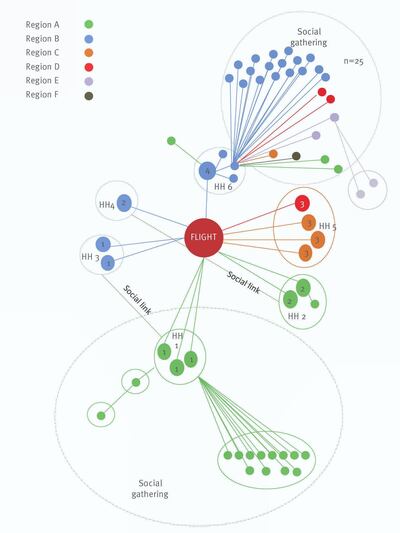 The chains of coronavirus transmission from infected plane passengers to the wider community. Numbers indicate flight groups 1 to 4, HH = household. Eurosurveillance