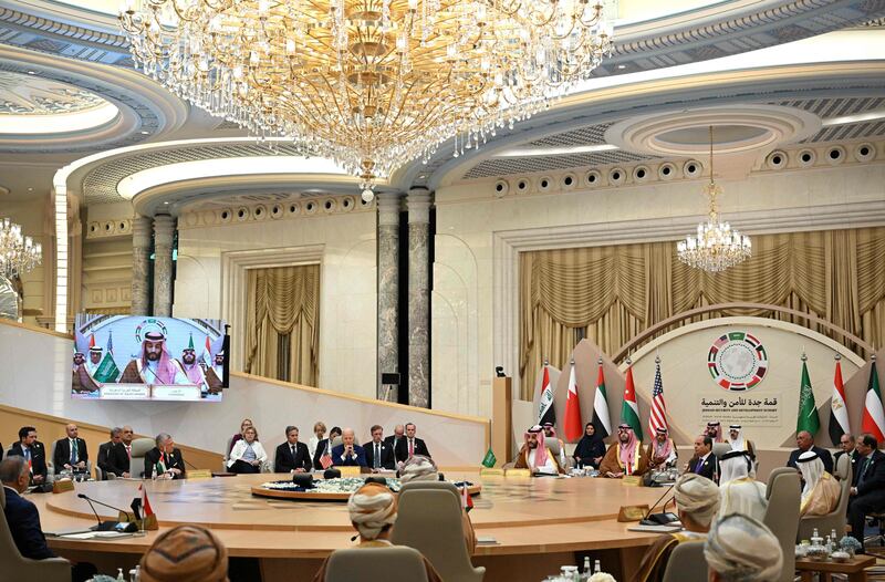 Leaders and representatives of the Gulf Co-operation Council countries, as well as the US, Egypt, Iraq, and Jordan, attend the Jeddah Security and Development Summit. AFP