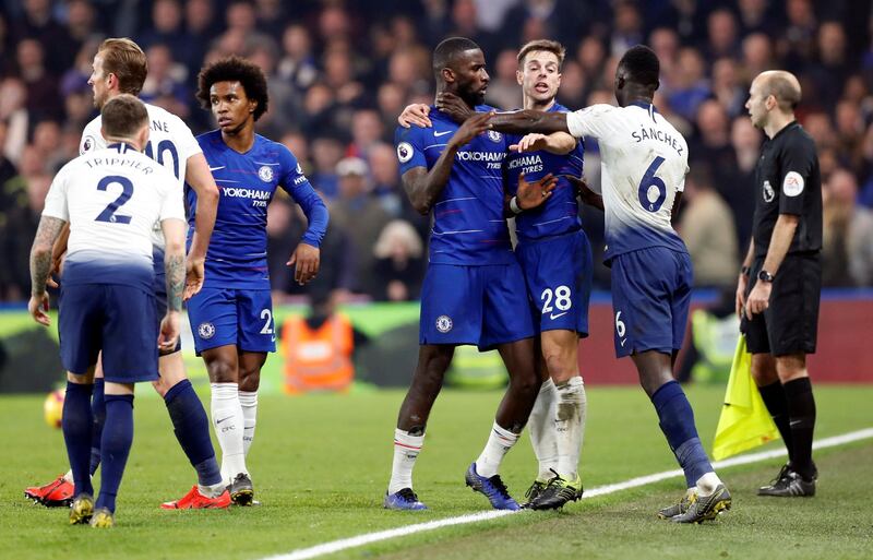 Tottenham's Davinson Sanchez clashes with Chelsea's Antonio Rudiger. Reuters