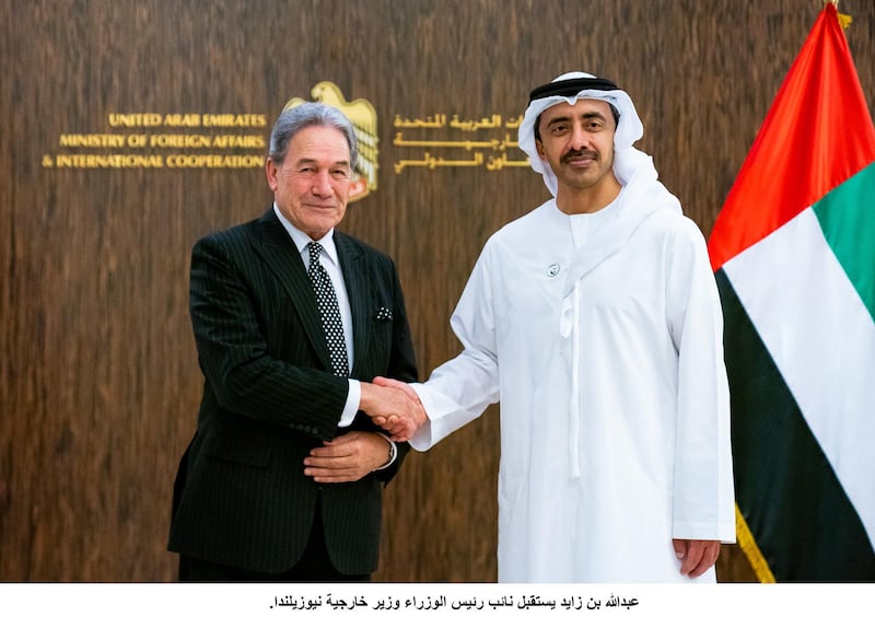 Sheikh Abdullah bin Zayed, Minister of Froreign Affairs and International Co-operation, meets New Zealand's Deputy Prime Minister and Foreign Minister, Winston Peters on Wednesday. Wam 