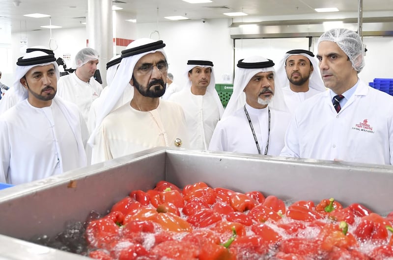 Sheikh Mohammed bin Rashid, Vice President and Ruler of Dubai, tours the Central Commissary Unit in Emirates Flight Catering in August 2017. Wam