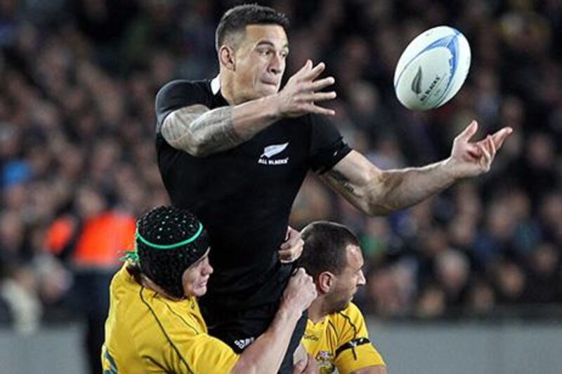 Need help adding some spark to your event? Then New Zealand All Blacks player and boxer Sonny Bill Williams, centre, may be the answer. Michael Bradley / AFP

