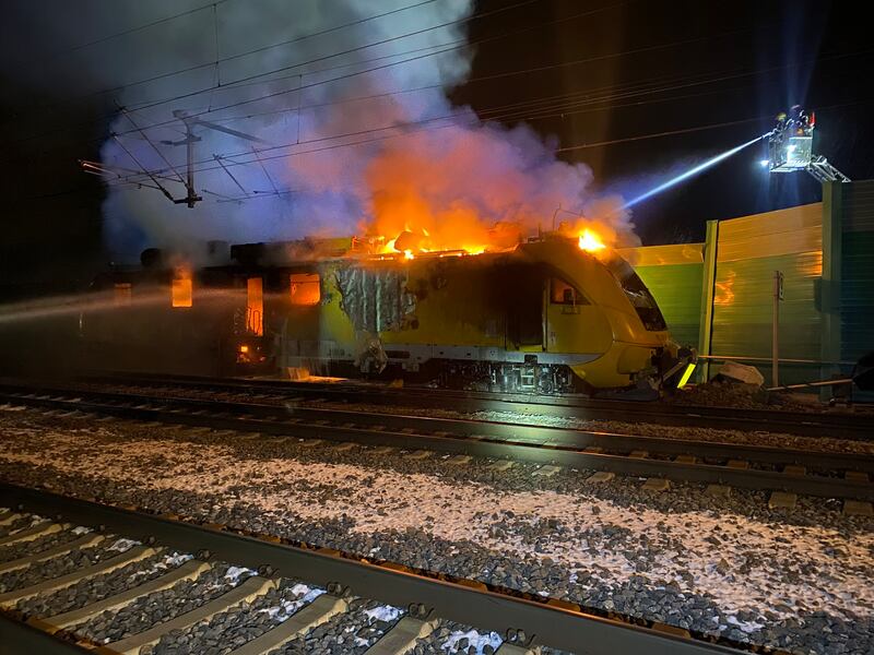 Firefighters tackle a blaze on a driverless train, in Germany's Upper Bavaria region. All photos: BRK BGL / Leitner und Feuerwehr Freilassing