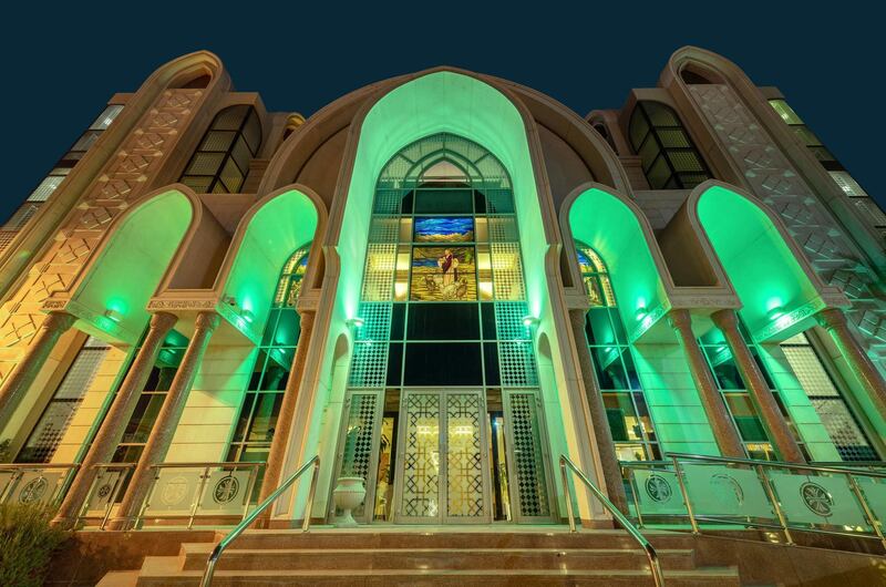St Anthony's Coptic Orthodox Church in Abu Dhabi. It was lit up in green to mark World Peace Day on Friday. Wam