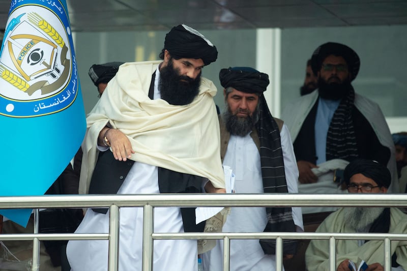 One of the Taliban's most secretive leaders, Haqqani was photographed openly for the first time at the parade.  AFP