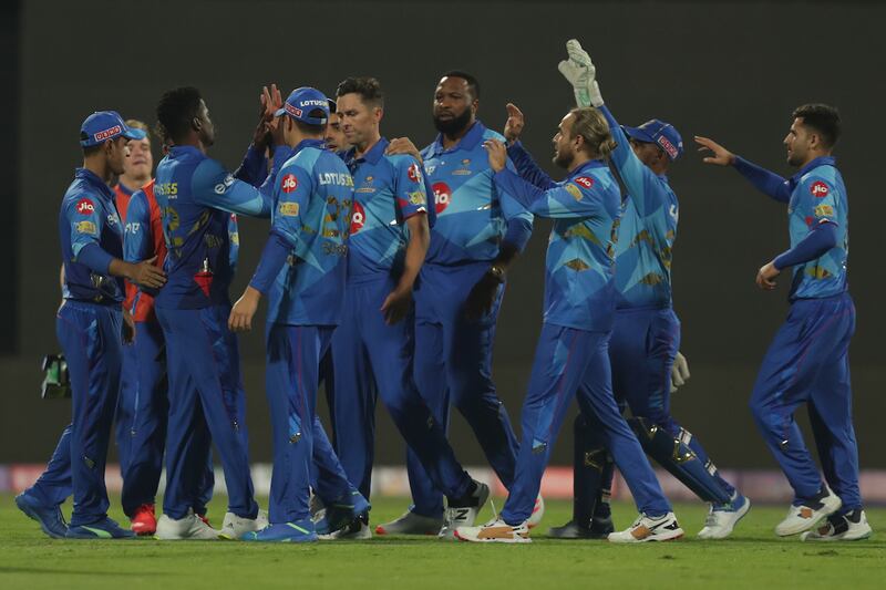 Trent Boult of MI Emirates celebrates a wicket against  Sharjah Warriors. ILT20 / CREIMAS
