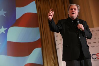 PRAGUE, CZECH REPUBLIC - MAY 22:  Steve Bannon, former White House Chief Strategist to U.S. President Donald Trump, speaks at a debate with Lanny Davis, former special counsel to Bill Clinton, at Zofin Palace on May 22, 2018 in Prague, Czech Republic. The debate, moderated by former Czech ambassador to the U.S. Alexandr Vondra, was over the current course of America and was sponsored by Czechoslovak Group, a holding company of Czech and Slovak defense industry companies.  (Photo by Sean Gallup/Getty Images)