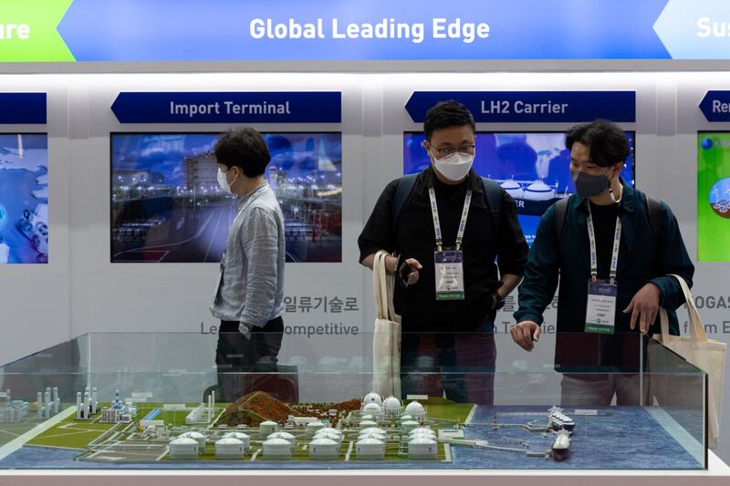 Models of Kogas LNG tanks at the World Gas Conference in South Korea, on Tuesday. Bloomberg