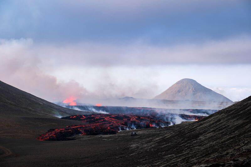 Lava flows through a valley from the Icelandic volcano