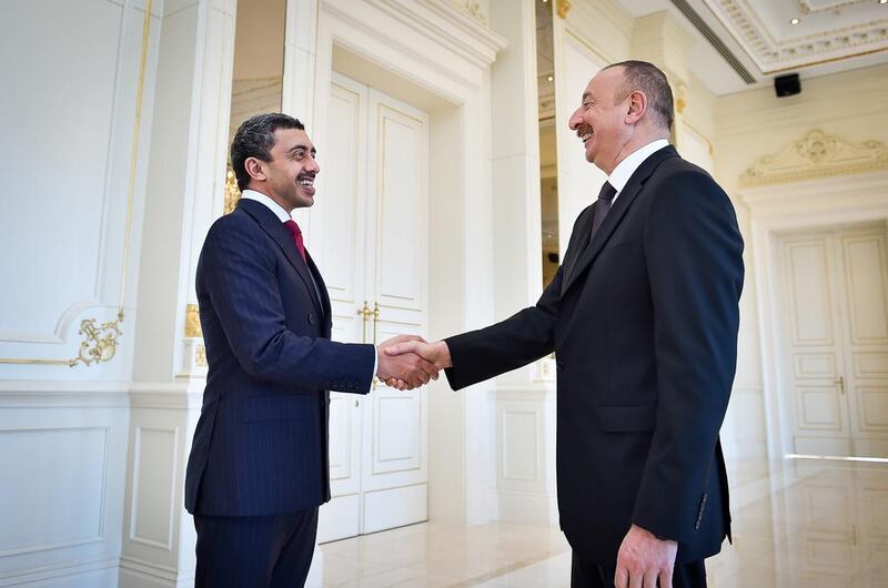 Sheikh Abdullah bin Zayed, Minister of Foreign Affairs and International Cooperation, meets with Ilham Aliyev, President of Azerbaijan, during a state visit on Monday. Wam