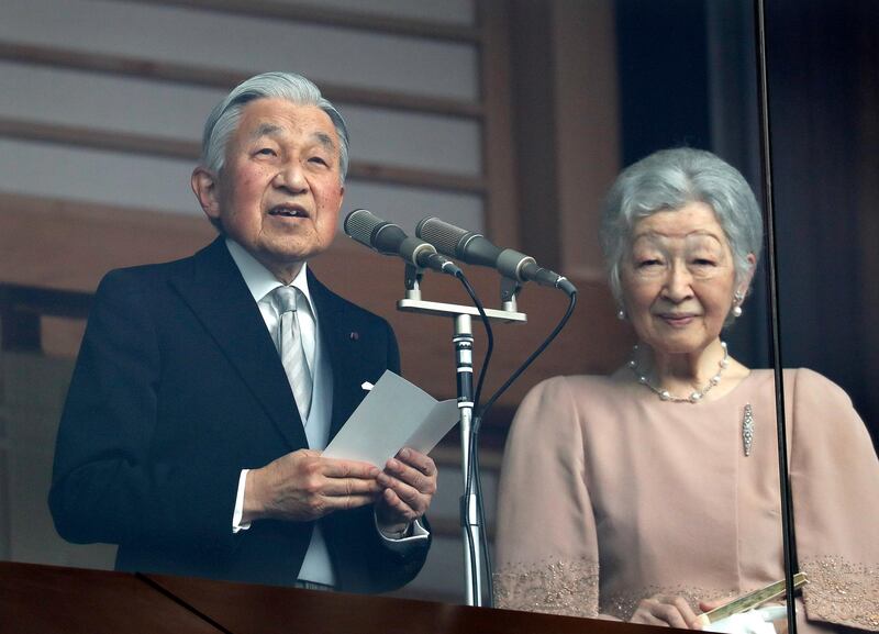 epa07246145 Emperor Akihito delivers his last birthday speech next to Empress Michiko (R) at the Imperial Palace in Tokyo, Japan, 23 December 2018. Akihito will abdicate on 30 April 2019 and his son Crown Prince Naruhito will succeed on 01 May 2019. It will be the first abdication by Japanese emperor in nearly two centuries.  EPA/KIMIMASA MAYAMA