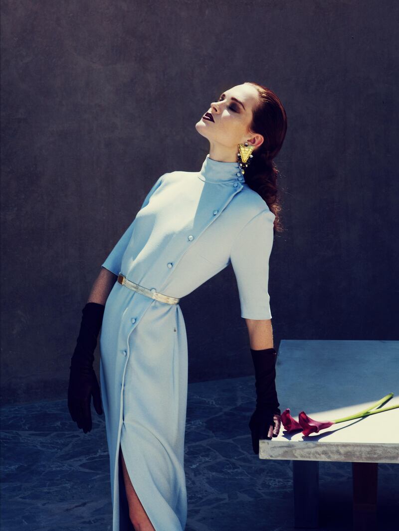 INTO THE SHADE: Dress, Alessandra Rich at Boutique 1. Earrings, Lizzie Fortunato; gloves, Agnelle, both at Bloomingdale's. (Photograph: Tina Chang; Fashion director: Katie Trotter; Styling: Nadia El Dasher)