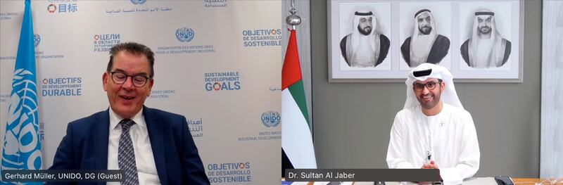Dr Sultan Al Jaber, Minister of Industry and Advanced Technology, speaks with Gerd Muller, director general of the UN Industrial Development Organisation, during their meeting online. Photo: Ministry of Industry and Advanced Technology
