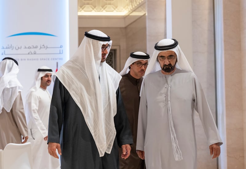 President Sheikh Mohamed and Sheikh Mohammed bin Rashid attend the inauguration of the Gateway Lunar Space Station construction project at Qasr Al Watan. Photo: Abdulla Al Bedwawi /Presidential Court 