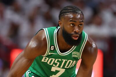 Jaylen Brown will remain with the Boston Celtics after agreeing a record-breaking $304 million five-year contract extension, US media reports said. Getty Images / AFP