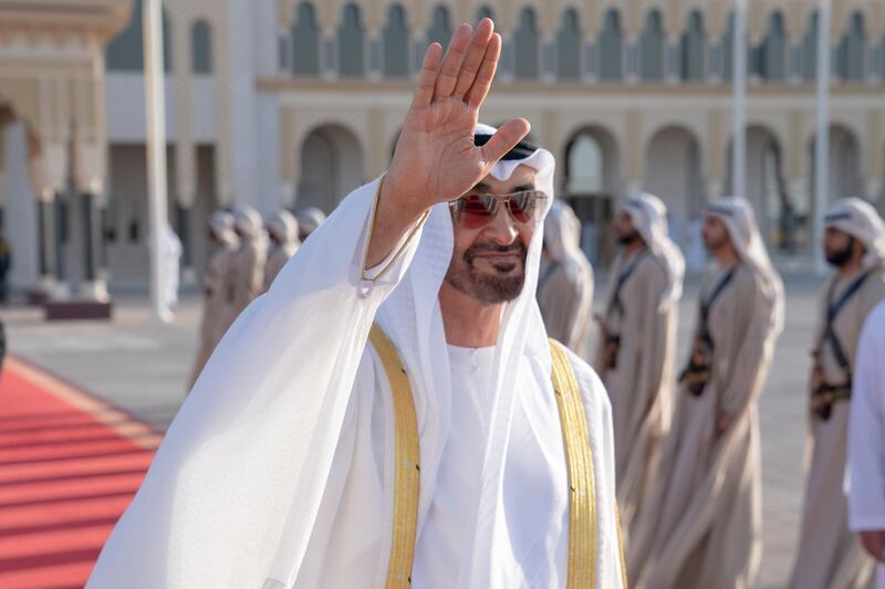 ABU DHABI, UNITED ARAB EMIRATES - June 14, 2019: HH Sheikh Mohamed bin Zayed Al Nahyan, Crown Prince of Abu Dhabi and Deputy Supreme Commander of the UAE Armed Forces (C) bids farewell to HM King Sultan Abdullah Sultan Ahmad Shah of Malaysia (not shown), at the Presidential Airport.

( Hamad Al Kaabi / Ministry of Presidential Affairs )​
---