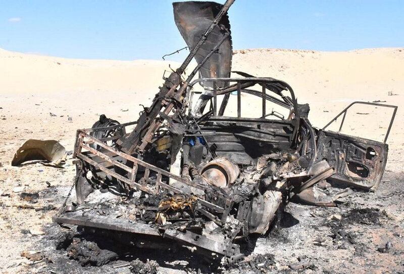 Destroyed vehicles of an Egyptian police convoy which came under fire in an apparently well-planned ambush from a heavily armed militant group, lie in the desert at the Bahariya Oasis in Siwa, southwest of Cairo, Egypt, in this undated handout picture made available by the Ministry of Defence November 1, 2017. Ministry of Defence/Handout via REUTERS ATTENTION EDITORS - THIS IMAGE WAS PROVIDED BY A THIRD PARTY