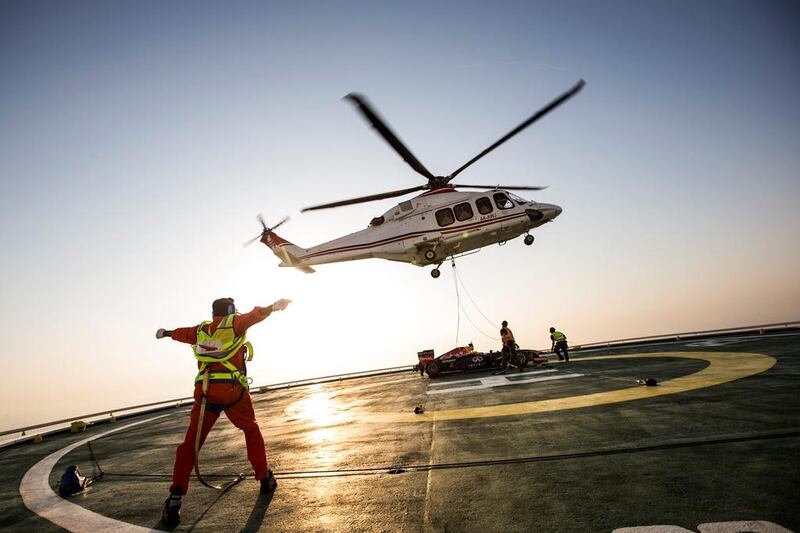 A lot of preparation was done ahead of the stunts. David Coulthard said: “We had to make sure that the structural integrity of the helipad was acceptable for doing donuts. We also knew that if the wind went above 12 knots we’d have to call it off.” Courtesy Red Bull