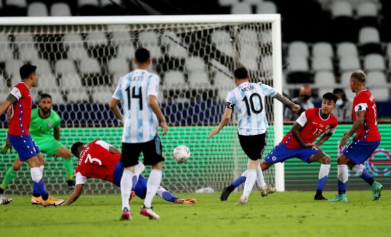 Argentina's Lionel Messi shoots at goal. Reuters