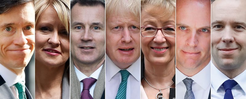 A combination of pictures created in London on May 26, 2019 shows recent pictures of the contenders declared as of May 26 to replace Britain's Prime Minister Theresa May when she resigns on June 7: (L-R) Britain's International Development Secretary Rory Stewart, former works and pensions secretary Esther McVey, Britain's Foreign Secretary Jeremy Hunt, former foreign secretary Boris Johnson, former leader of the House of Commons Andrea Leadsom, former Brexit secretary Dominic Raab and Britain's Health and Social Care Secretary Matt Hancock, all pictured in Downing Street, central London.  British Prime Minister Theresa May announced her resignation in an emotional address on on May 24, 2019, ending a dramatic three-year tenure of near-constant crisis over Brexit. May, 62, said she would step down as Conservative Party leader on June 7 starting a leader battle to replace her. / AFP / STF
