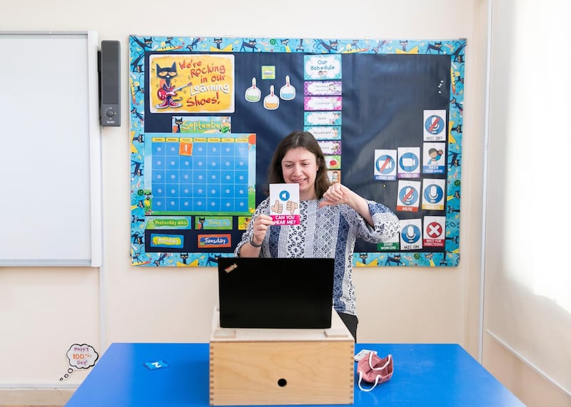 DUBAI, UNITED ARAB EMIRATES. 1 SEPTEMBER 2020. A teacher at Bright Learners Private School talks to students via online distance learning. (Photo: Reem Mohammed/The National)Reporter:Section: