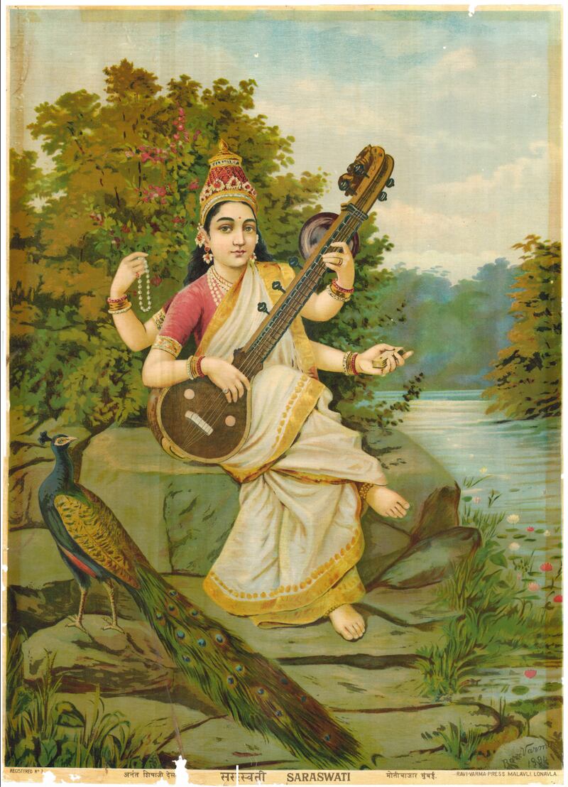 Varma mass-produced lithographs of his paintings, making his depictions and gods and goddesses, such as Saraswati here, accessible to the working class. Photo: Raja Ravi Varma Heritage Foundation