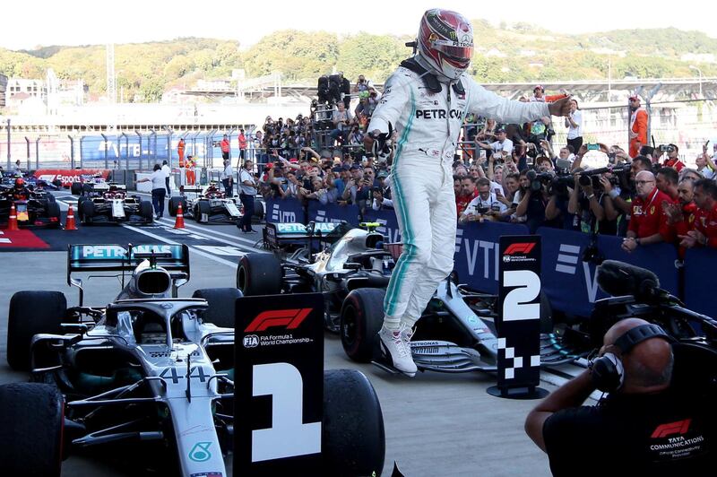 SOCHI, RUSSIA - SEPTEMBER 29: Race winner Lewis Hamilton of Great Britain and Mercedes GP celebrates in parc ferme during the F1 Grand Prix of Russia at Sochi Autodrom on September 29, 2019 in Sochi, Russia. (Photo by Charles Coates/Getty Images)