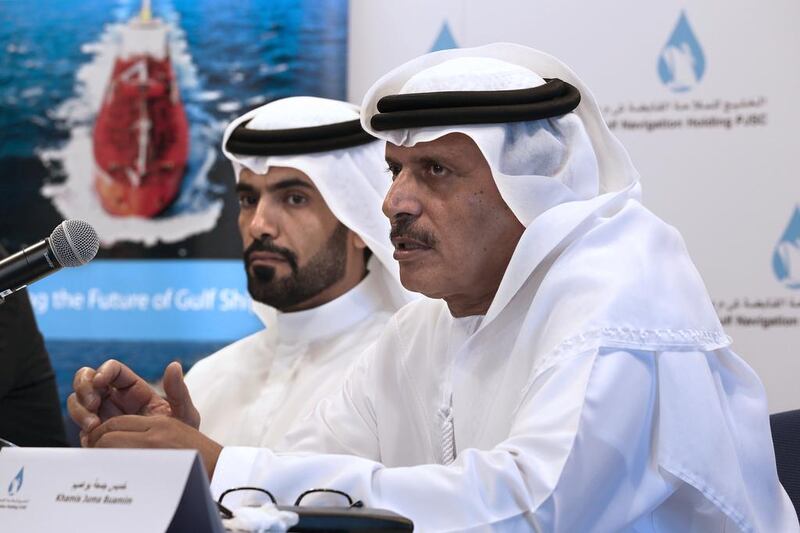 Abdulla Saeed Abdulla Brook Al Hemeiri, chairman, left, and Khamis Juma Buamim, group chief executive, of Gulf Navigation unveil their plans to expand. Jeffrey E Biteng / The National