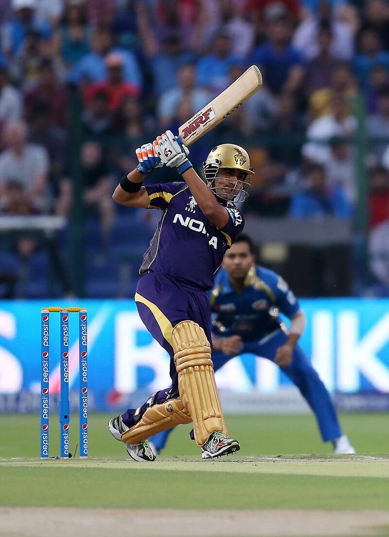 ABU DHABI , UNITED ARAB EMIRATES Ð April 16 , 2014 : Gautam Gambhir , Captain of KKR playing a shot during the IPL opening match between Mumbai Indians vs Kolkata Knight Riders at Zayed Cricket Stadium in Abu Dhabi. ( Pawan Singh / The National ) For Sports. Story by Osman