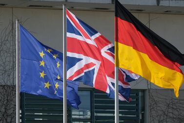 The European Union, British and German flags fly outside the Chancellery prior to a meeting between German Chancellor Angela Merkel and British Prime Minister Theresa May. Getty Images
