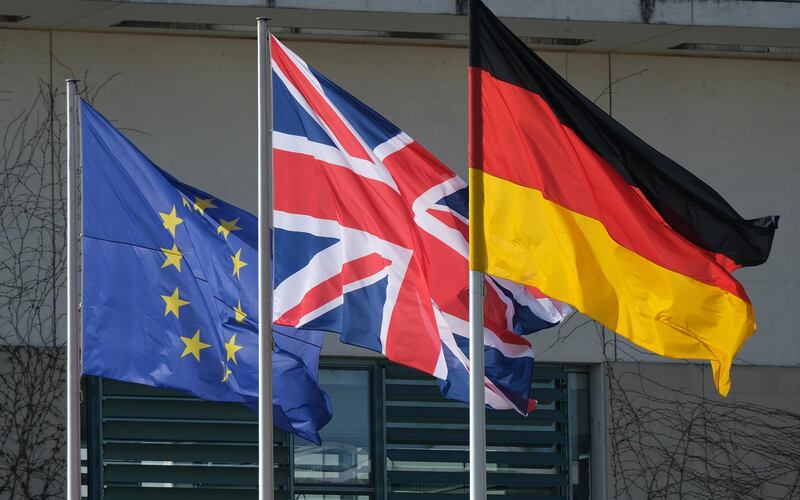 BERLIN, GERMANY - APRIL 09: The European Union, British and German flags fly outside the Chancellery prior to a meeting between German Chancellor Angela Merkel and British Prime Minister Theresa May on April 9, 2019 in Berlin, Germany. May is meeting with both Merkel and French President Emmanuel Macron today to discuss Brexit ahead of tomorrow's summit of European Union leaders in Brussels. (Photo by Sean Gallup/Getty Images)
