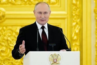 Russian President Vladimir Putin speaks during a ceremony to receive credentials from foreign ambassadors in Kremlin, in Moscow, Russia, Wednesday, Dec.  1, 2021.  (Grigory Sysoev, Sputnik, Kremlin Pool Photo via AP)