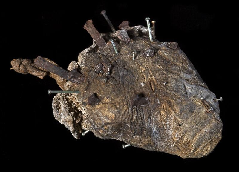 From the collection of the Pitt Rivers Museum in Oxford: a sheep's heart stuck with pins and nails and strung on a loop of cord. According to curator Dan Hicks, the object was made in South Devon around 1911 and was meant for 'breaking evil spells'. Via @profdanhicks / Twitter