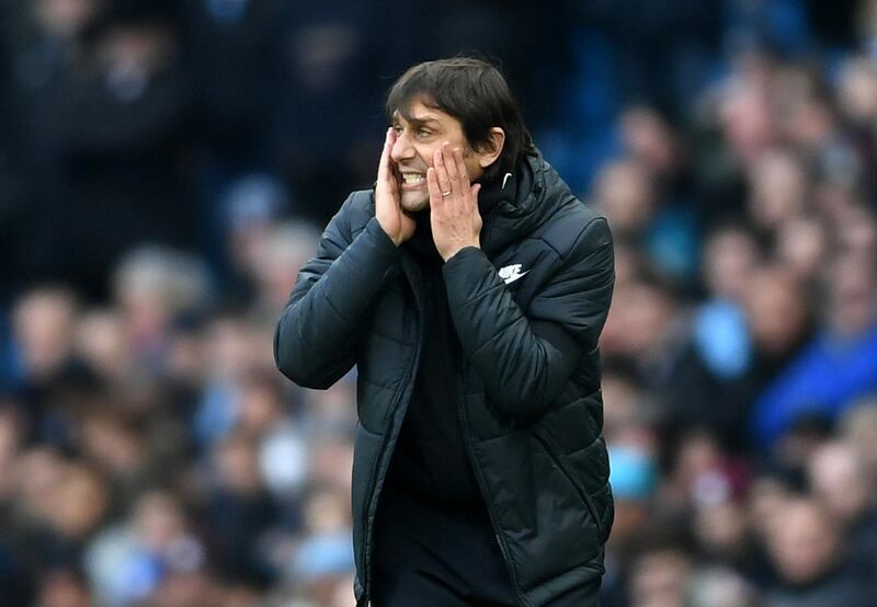 MANCHESTER, ENGLAND - MARCH 04: Antonio Conte, Manager of Chelsea reacts during the Premier League match between Manchester City and Chelsea at Etihad Stadium on March 4, 2018 in Manchester, England.  (Photo by Laurence Griffiths/Getty Images)
