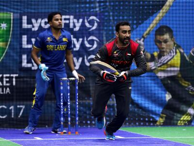 Dubai, United Arab Emirates - September 19th, 2017: Vikrant Shetty of the UAE during the game between the UAE v Sri Lanka in the W.I.C.F Indoor cricket world cup 2017. Tuesday, Sept 19th, 2017, Insportz, Al Quoz, Dubai. Chris Whiteoak / The National