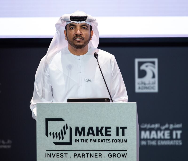 Omar Al Suwaidi, undersecretary of the UAE's Ministry of Industry and Advanced Technology, speaks during the Make it in the Emirates Forum. Victor Besa / The National