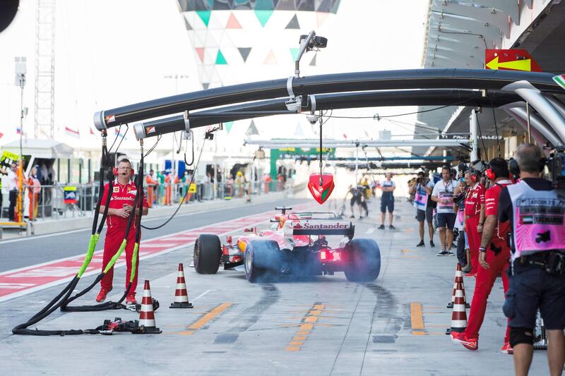 Abu Dhabi, United Arab Emirates, November 24, 2017:    Sebastian VettelÊof Germany and Ferrari during practise for the Abu Dhabi Formula One Grand Prix at Yas Marina Circuit in Abu Dhabi on November 24, 2017. Christopher Pike / The National

Reporter: Graham Caygill
Section: Sport